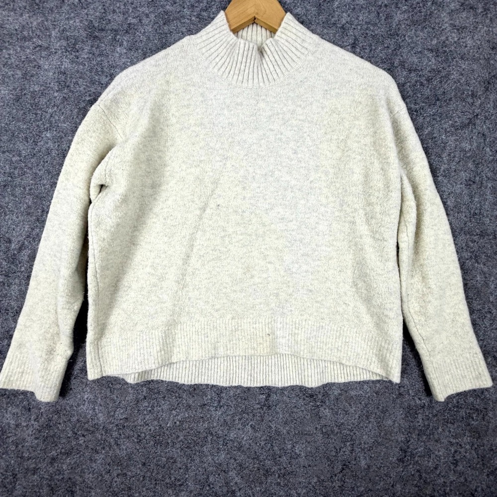 Uniqlo Sweater Small Beige Wool Blend Tight Knit Ribbed Hem High Neck Boxy